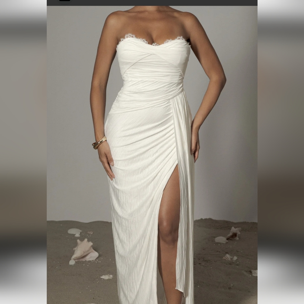JLUXLABEL Strapless Ivory Gown with High Slit